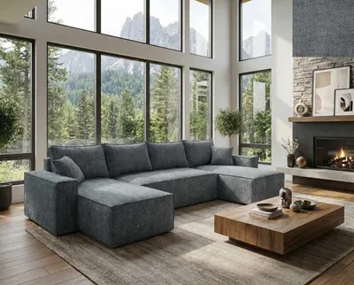 Produktbild von Das U-förmige Ecksofa FELINO von Nordelo  universell L/R, 150×310×90 cm, 150x280 Schlaffunktion Stoff Cremona Grau