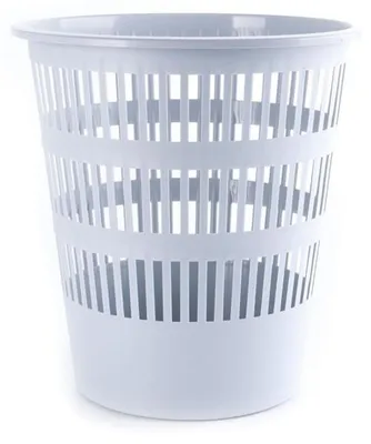 A white plastic trash can with a slatted design.