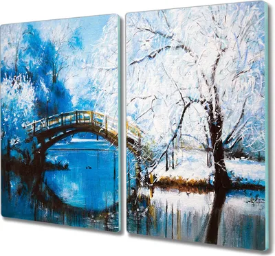 Produktbild von Coloray Herdabdeckplatte 2x30x52 cm Schneidebrett Kochplattenabdeckung Küchenbrett Hackbrett - Winterbaum Flussbrücke