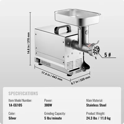 Immagine prodotto di Macinino elettrico per carne con lame in acciaio inossidabile e accessori per insaccare, ideale per uso domestico