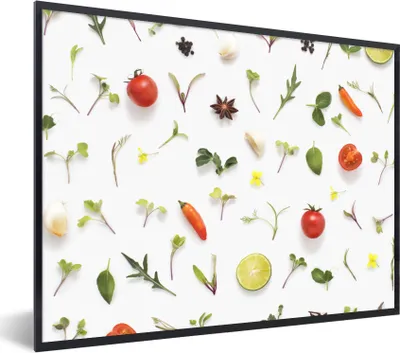 Produktbild von MuchoWow® Gerahmtes Poster Flachgelegte Früchte, Gemüse, Gewürze und Kräuter 80x60 cm - Poster mit Schwarzem Bilderrahmen Wandposter Rahmen Foto Bilder - Schwarzem - Mit Gestell