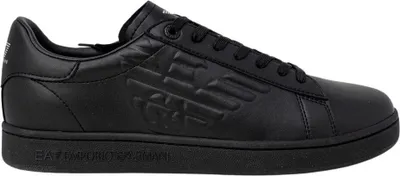 A black EA7 Emporio Armani sneaker is shown from the side against a white background.