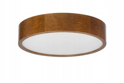 A round ceiling lamp with a wooden frame and a white diffuser.