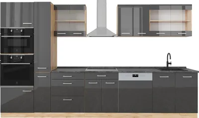 Produktbild von Küchenzeile Vicco R-Line Anthrazit Hochglanz/Goldkraft Eiche 350 cm mit Hochschrank, AP Anthrazit, Model 49471