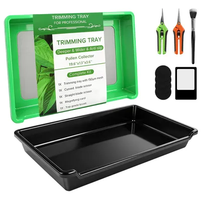 Produktbild von Trimming Tray Set 51,5 × 35,5 cm, Trimmschale mit XXL-Edelstahlsieb 150 Mikron, tiefer Pollenschale, rutschfest, 2 Scheren, Bürste & Lupe