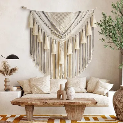 Image de Macramé Tenture murale Boho Art géométrique Tissu en coton Tapisserie Décor mural Bohème Textiles d'intérieur pour salon Chambre à coucher Résidence, 90% corde de coton