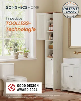 Produktbild von SONGMICS HOME Badezimmerschrank, Toolless-Technologie, superschnelle werkzeuglose Montage, Badschrank schmal, verstellbare Ablagen, Wohnzimmer