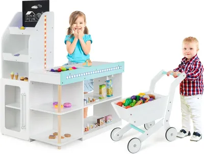 Produktbild von Kinder Kaufladen - Spielzeug Supermarkt - Holz - Kasse - Einkaufswagen - 39 Zubehörteile - LED-Beleuchtung - Alter 3–6 Jahre - Weiß