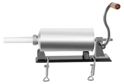 Immagine prodotto di Macchina manuale per insaccare salsicce, capacità di 3 litri, costruzione in acciaio inossidabile, 4 dimensioni di ugelli, design orizzontale, azionamento a manovella