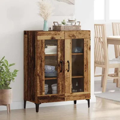 A wooden sideboard with glass doors is shown in a room setting.
