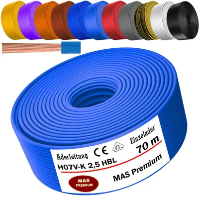 Zdjęcie produktu dla Kabel zasilający o długości 70 metrów, typ H07 V-K, przeznaczony do instalacji wewnętrznych (HBL), jednożyłowy, elastyczny, przekrój 1x2,5 mm², kolor jasnoniebieski