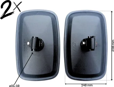 Two black truck mirrors are shown side-by-side with dimensions indicated.