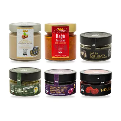 Produktbild von TubeORIGINAL Geschenkset „Entdeckungsset 6“ – Trüffelsauce 80 g, Chianina-Ragù 200 g, 'Nduja 95 g, Rote-Zwiebel-Creme 100 g, Pesto Genovese 100 g, Haselnusscreme 190 g