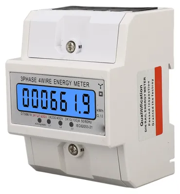Obrázek produktu pro Digitální měřič energie, třífázový, čtyřdrátový, měřič spotřeby elektrické energie (kWh), montáž na DIN lištu, podsvícený LCD displej, 3 x 127/220 VAC, 10–100 A