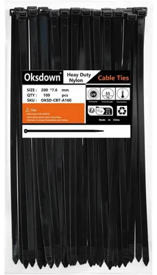 Obrázek produktu pro Stahovací pásky, 200 mm x 7,6 mm, černé, 100 kusů, odolné vůči UV záření, nylon, pevnost v tahu 55 kg