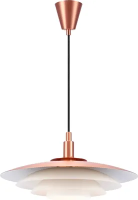A pendant lamp with a copper-colored top and layered white shades.