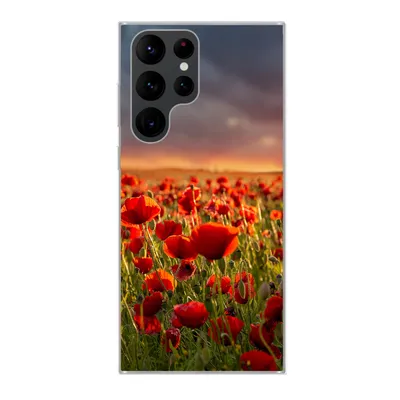 Produktbild von MuchoWow® Handyhülle Schutzhülle Hülle für Samsung Galaxy S22 Ultra Sonnenuntergang über einem Feld von Mohnblumen Silikon Softcase Handy Hülle - Abbildung