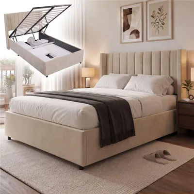 Produktbild von Juskys Polsterbett Savona 120x200 cm - Bett mit Stauraum, Lattenrost, Samt-Bezug - Bettgestell aus Holz, bis 250 kg, großes Kopfteil - Beige