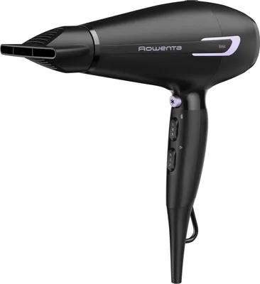 A black Rowenta hair dryer is shown against a white background.
