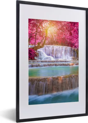 Produktbild von MuchoWow® Gerahmtes Poster Wasserfall - Regenbogen - Bäume - Rosa - Natur 40x60 cm - Poster mit Schwarzem Bilderrahmen Wandposter Rahmen Foto Bilder - Poster in Rahmen
