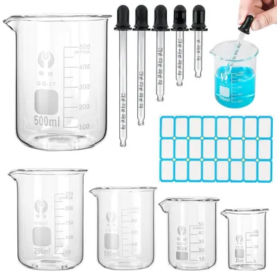 Produktbild von 5er Set Messbecher Glas 25ml-500ml Borosilikatglas mit Skala & Tropfer