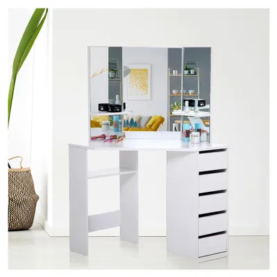 Produktbild von Eckschminktisch Elle Weiß mit Spiegel, 5 Schubladen und Regal – Kosmetiktisch aus Holz für das Schlafzimmer