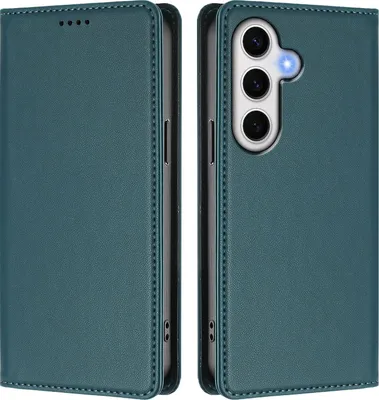 Image de Étui en cuir pour Samsung Galaxy S24 FE, étui à rabat magnétique en cuirPolyuréthaneavec support, vert