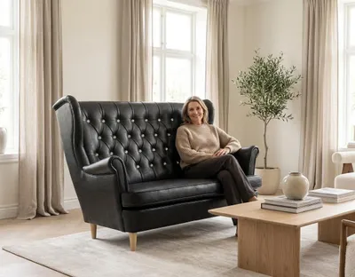 Produktbild von Ohrensofa GAJA Boston – Gesteppte Rückenlehne, Kunstleder in Braun, Family Meble, KI-generiertes Bild