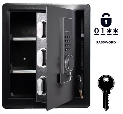 Immagine prodotto di Cassaforte blindata per uso domestico con serratura elettronica e chiave 45x38x30 cm Nero