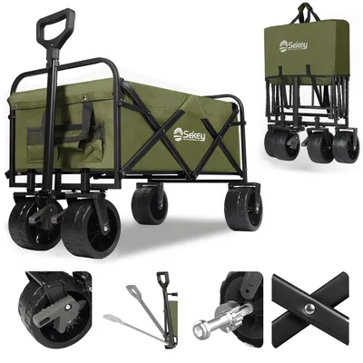 Produktbild von Sekey 200 kg Schwerlast Bollerwagen Faltbar, mit 17x10 cm PolyurethanReifen – Ideal für den Strand, Olivgrün