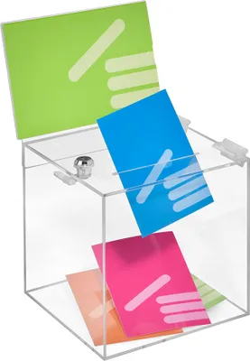 Produktbild von Losbox aus Acrylglas in 200x200x200mm mit Schloß und Topschild DIN A5 Quer - Zeigis® / Spendenbox / Aktionsbox / Gewinnspielbox / transparent / durchsichtig / Acryl /abschließbar / versperrbar