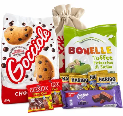 Zdjęcie produktu dla Worek mikołajkowy ze słodyczami – zestaw prezentowy Haribo, Milka, Gocciole i cukierki pistacjowe
