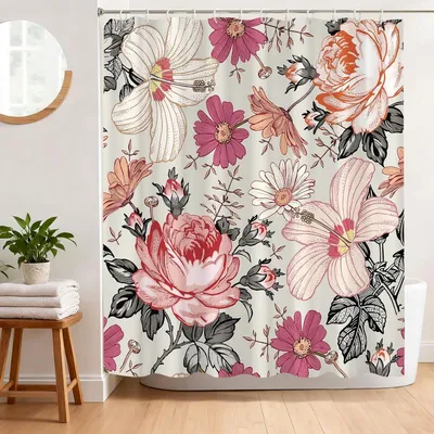 Image de Rideau de douche - Revêtement anti-moisissures - Pour baignoire et douche - Motifs floraux roses - 180x180 cm - Polyester - Avec œillets et 12 crochets