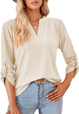 Produktbild von ASKSA Damen Bluse V-Ausschnitt Einfarbig Oberteile Elegant Lose Causal Tunika Tops, Aprikose, S