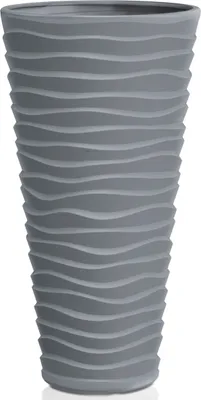 A tall, gray planter with a wavy texture.