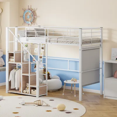Produktbild von Merax Etagenbett 90x200cm mit Treppe und Kleiderstange, Hochbett mit Staufach und Geländer, Kinderbett mit Lattenrost, Jugendbett Metallbett, Weiß