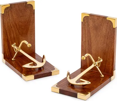Produktbild von 1 Paar Maritim Buchstützen Anker 31x10x17cm aus Messing und Holz Buchhalter