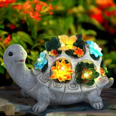 Produktbild von Solarbetriebene Gartenskulpturen, solarbetriebene Dekoration, Schildkrötendekoration mit Sukkulenten, 7 LED-Leuchten, Schildkrötenfigur aus Kunstharz, solarbetriebene Außenbeleuchtung für Balkon, Terrasse, Veranda, Rasen und Garten.