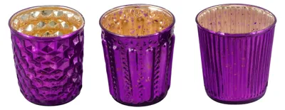 Produktbild von Windlichter lila 3er-Set – Teelichthalter aus Glas mit Metallic-Effekt – Vintage-Design – Höhe 8 cm, Durchmesser 7 cm – Tischdekoration für Weihnachten, Advent, Partys und Hochzeiten