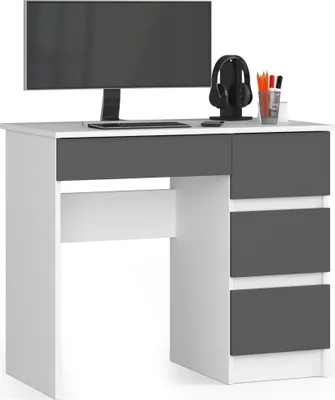 A white and gray computer desk with a monitor, headphones, and pens.