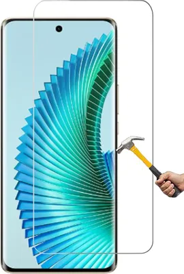 A smartphone screen protector is shown being tested with a hammer.
