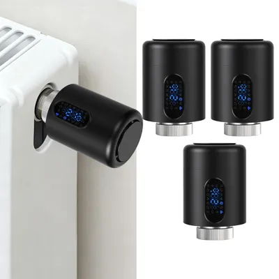 Obrázek produktu pro Inteligentní termostat pro radiátory ISOISL, WiFi, ovládání přes aplikaci, kompatibilní s platformami Smart Life/Tuya, 7 adaptérů pro ventily, černý, sada 3 kusů