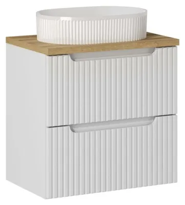 Immagine prodotto di Set VANO bianco 60cm: mobile sotto lavabo con cassetti + piano per lavabo in rovere chiaro + lavabo da appoggio bianco scanalato
