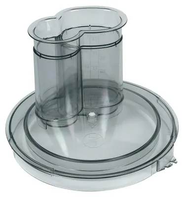 A transparent gray plastic lid for a food processor with two openings and a plunger.