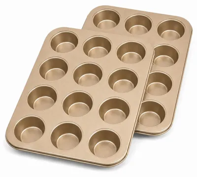 Produktbild von 12 Tassen Muffinform 2er Set, Antihaftbeschichtetes Cupcake-Backblech, 12 Hohlraum Muffinform Für Backofen(Gold)