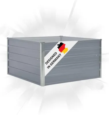 A gray raised garden bed with a diagonal banner indicating it is designed in Germany.