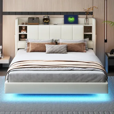 Immagine prodotto di letto imbottito okwish letto matrimoniale 160 x 200 cm con connessione di ricarica USB e striscia luminosa, letto contenitore funzionale con testata reversibile con vani portaoggetti (senza materasso)- Beige