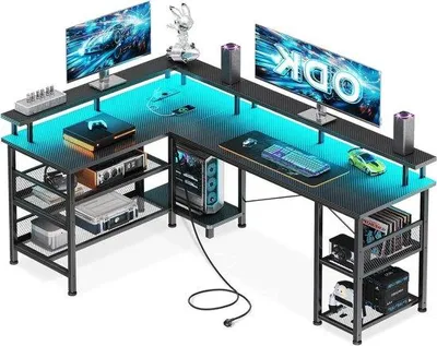 Productafbeelding van L-vormig bureau - Hoekbureau - Thuiswerken - Met LED en stopcontacten - 150x102cm - Zwart