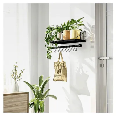 Produktbild von Wandregal für die Küche mit 8 abnehmbaren Haken und Handtuchhalter, Gewürzregal für Küche, Wohnzimmer und Badezimmer, Schwarz
