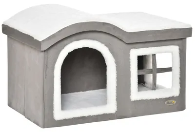 Immagine prodotto di Sunvello Casetta per Gatti da Interno con 2 Entrate e Finestra, Cuscino e Base Antiscivolo, 63.5x37x40cm, Grigio
